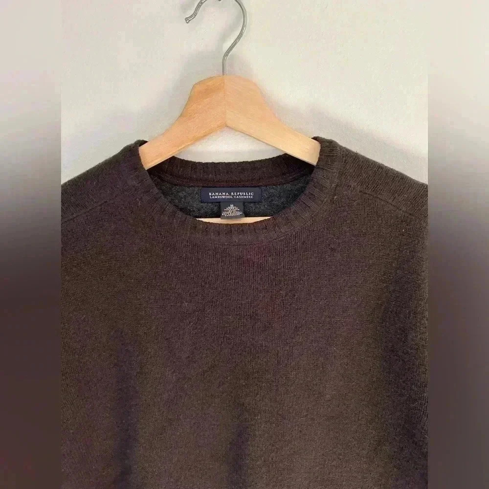 BANANA REPUBLIC WOOL CASHMERE Brown Crew neck elbow patch sweater M - Picture 7 of 10